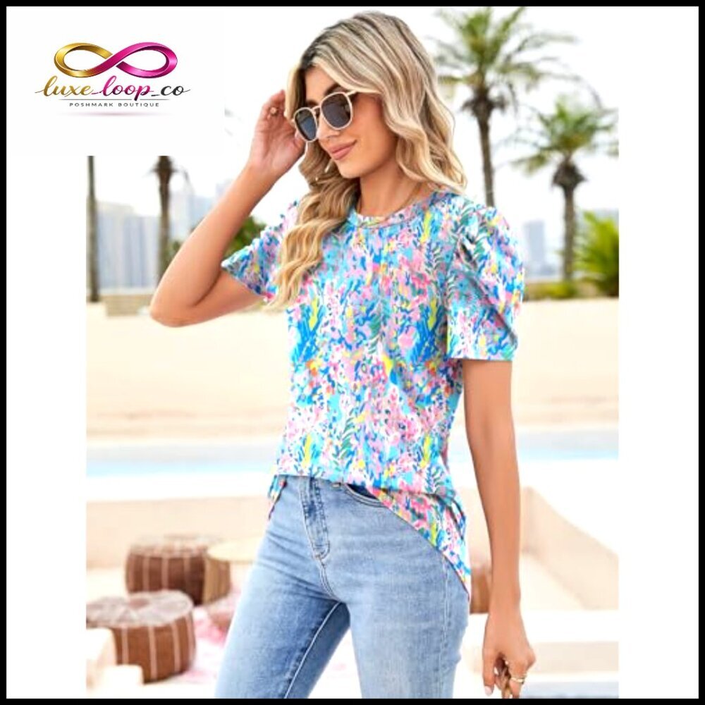 Puff Sleeve Eyelet Blouse Loose Fit Summer Casual Chic Crewneck Top - Picture 4 of 6